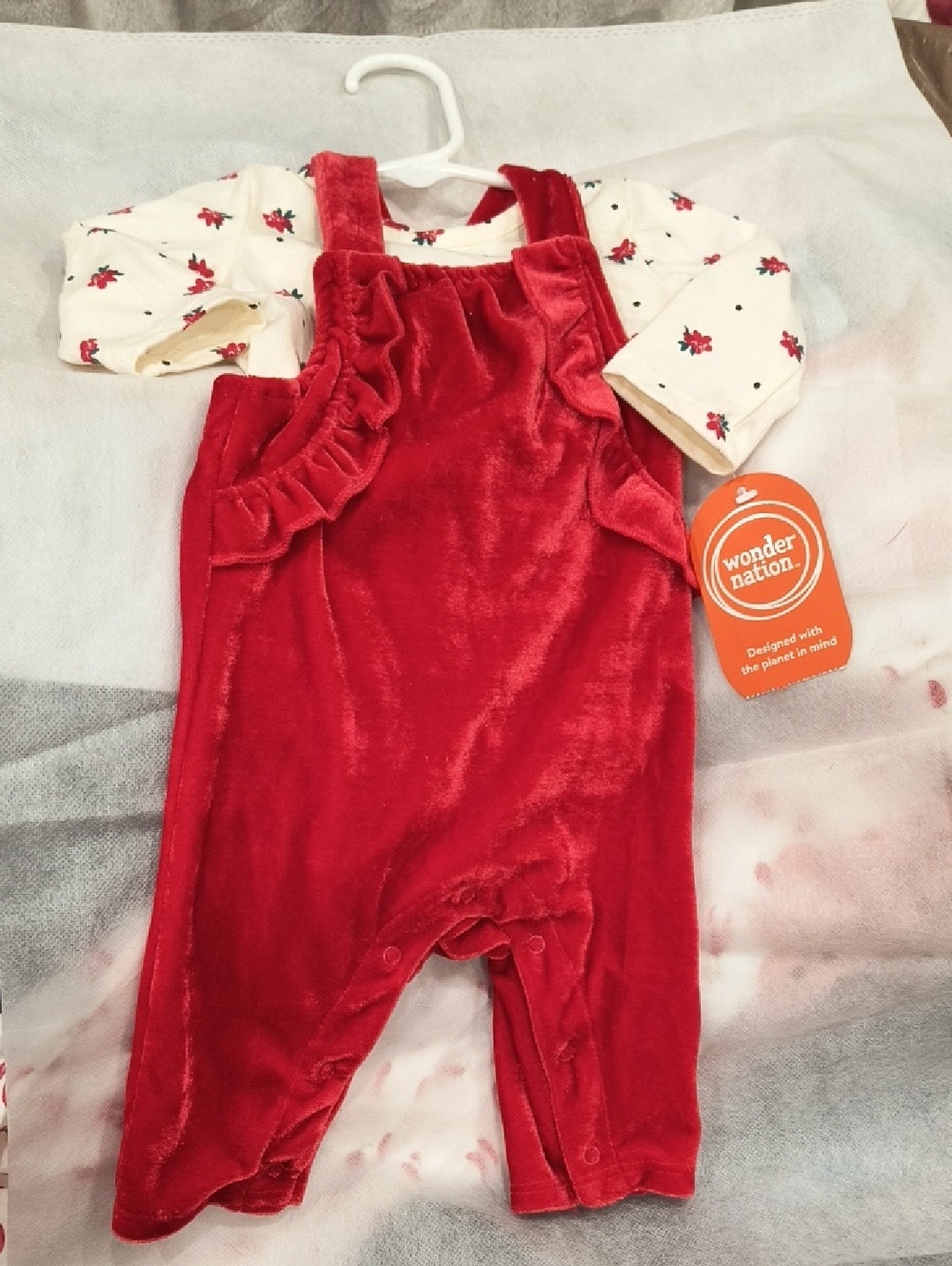 wonder nation Red Velvet Ruffle Overalls with Cream Floral Tee